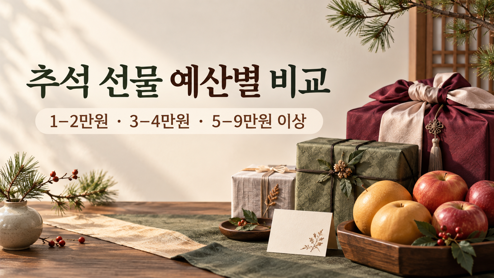 추석 선물 예산별 비교를 표현한 보자기 선물과 과일 이미지