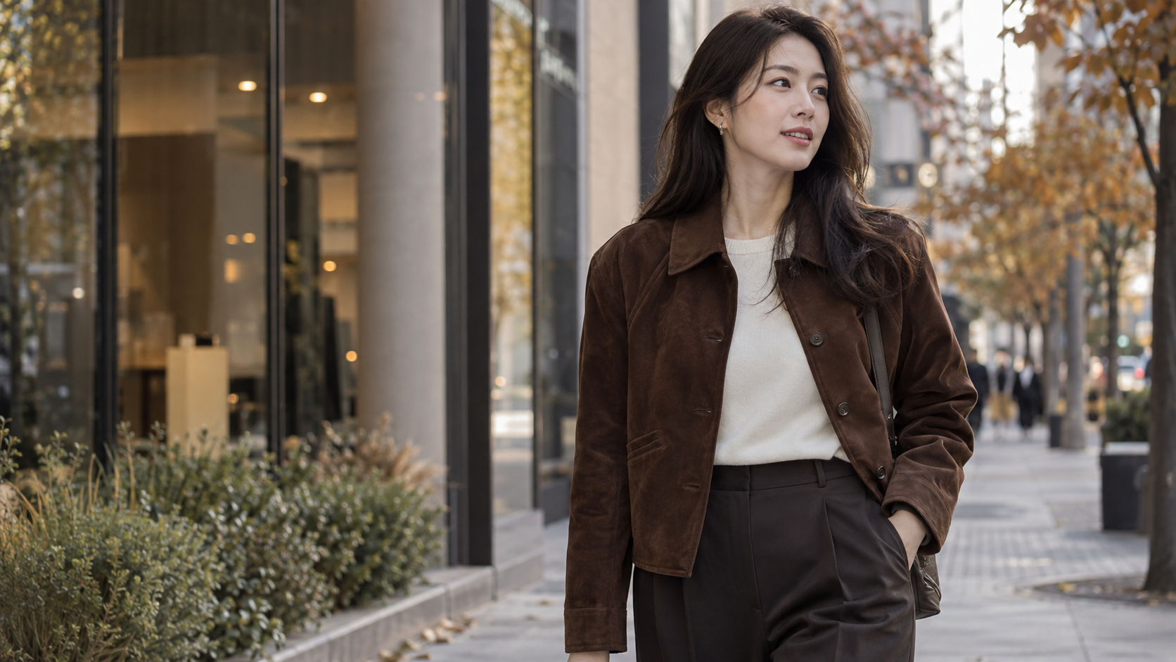 갈색 스웨이드 자켓을 입은 성인 여성의 현실적인 가을 패션 모습